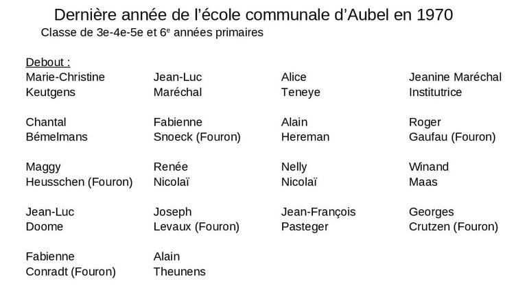 Enseignement Ecole communale d'Aubel dernière année 1970 Noms des élèves.jpg