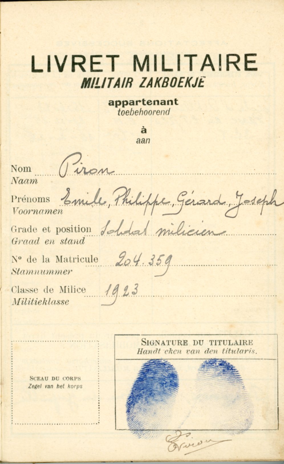 Livret militaire Piron Emile 1923 - Clairette Piron003.jpg