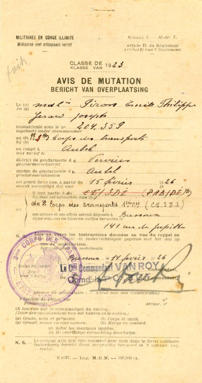 Militaires en congé illimité Avis de mutation 1926 - Clairette Piron001.jpg