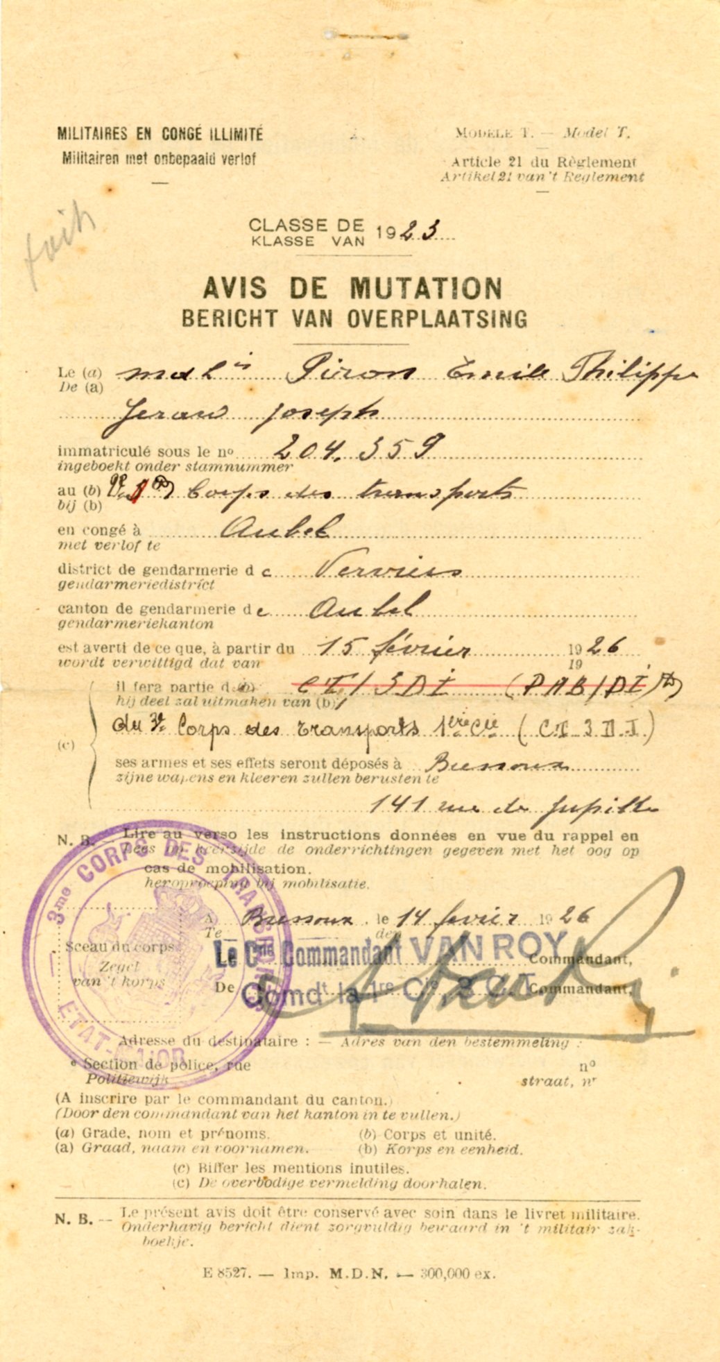 Militaires en congé illimité Avis de mutation 1926 - Clairette Piron001.jpg