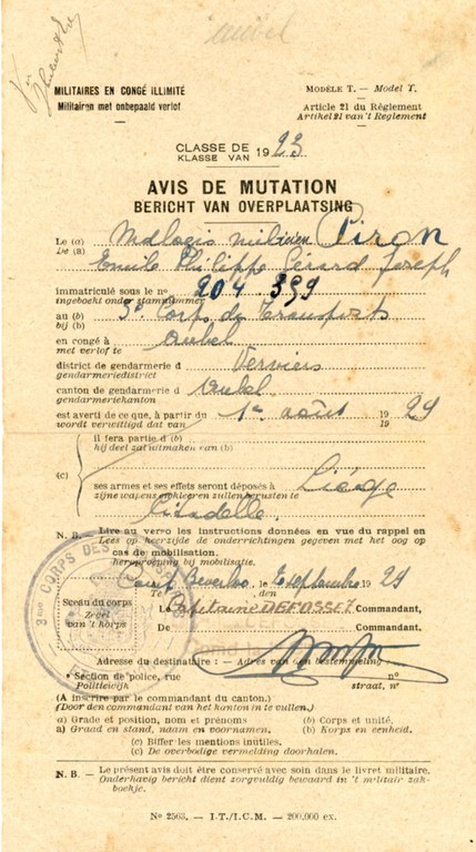 Militaires en congé illimité Avis de mutation 1929 - Clairette Piron003.jpg
