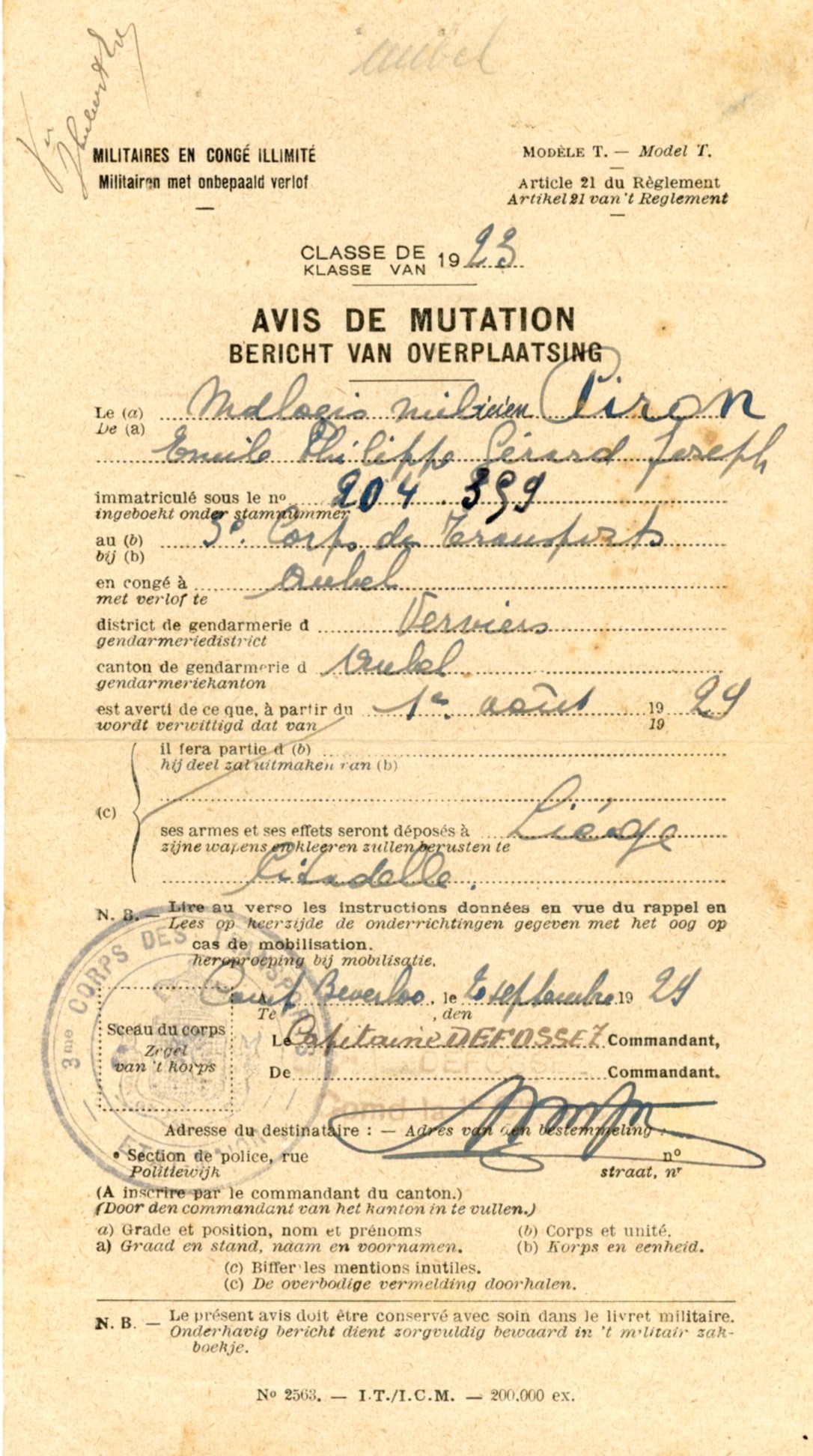 Militaires en congé illimité Avis de mutation 1929 - Clairette Piron003.jpg