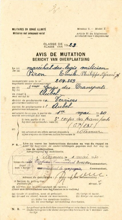 Militaires en congé illimité Avis de mutation 1930 - Clairette Piron004.jpg