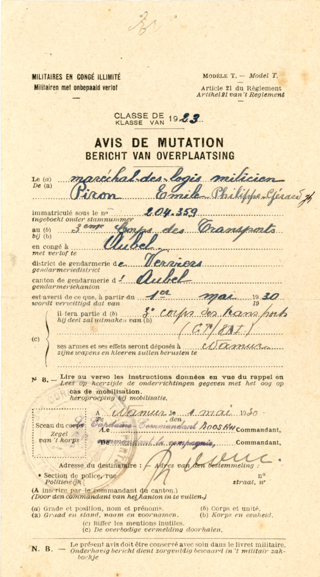 Militaires en congé illimité Avis de mutation 1930 - Clairette Piron004.jpg