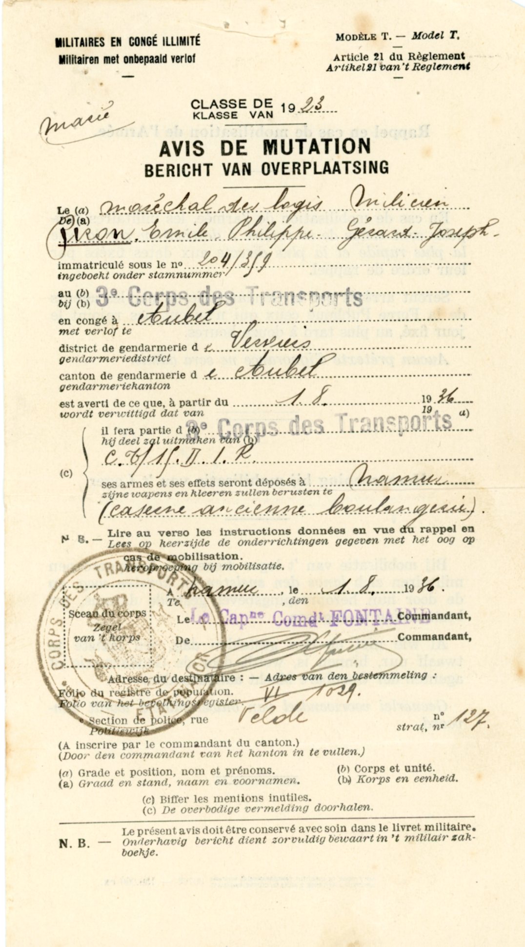 Militaires en congé illimité Avis de mutation 1936 - Clairette Piron005.jpg