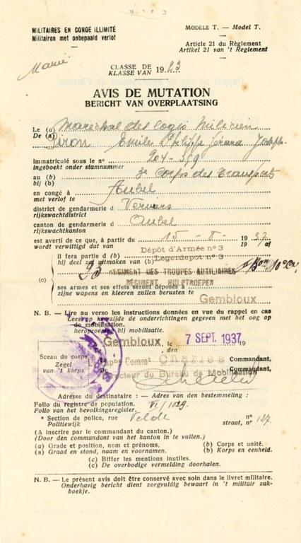 Militaires en congé illimité Avis de mutation 1937 - Clairette Piron006.jpg