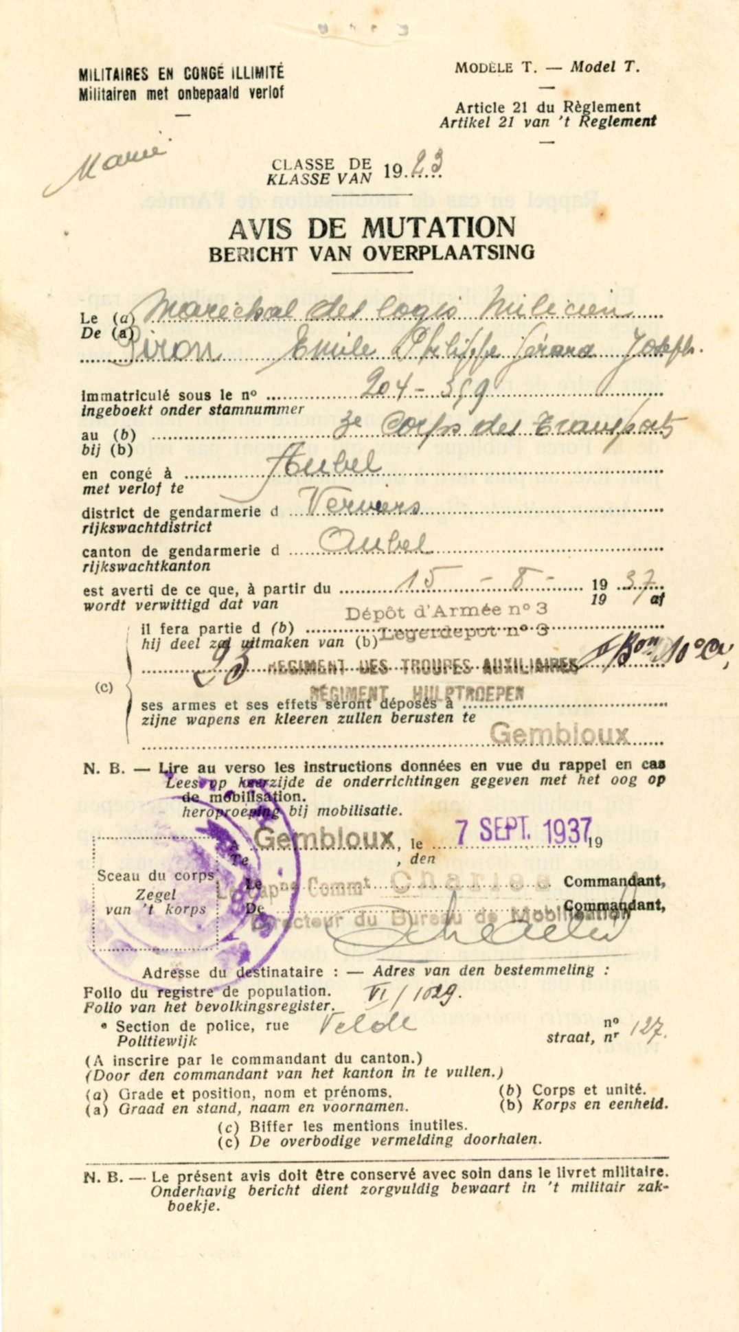Militaires en congé illimité Avis de mutation 1937 - Clairette Piron006.jpg