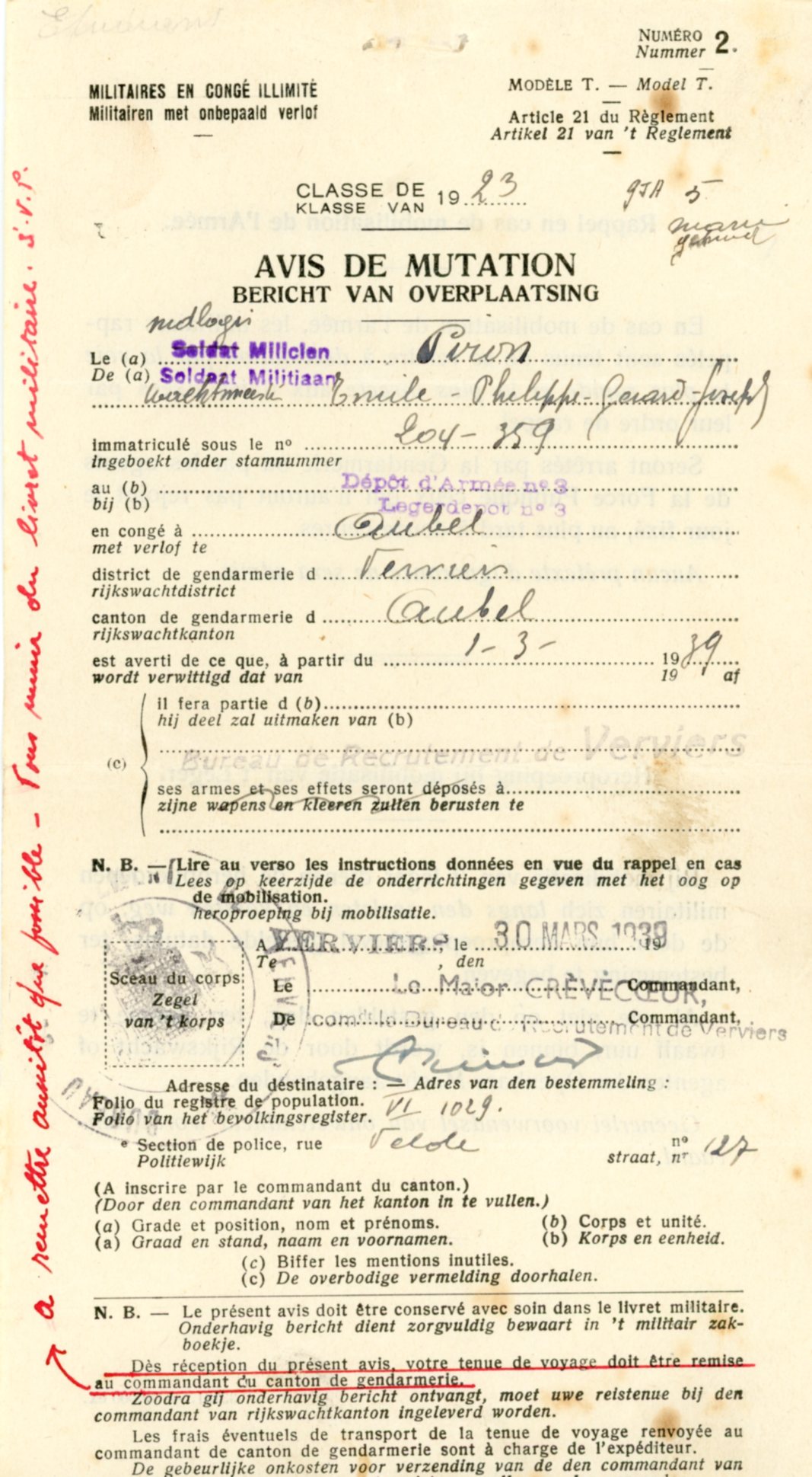 Militaires en congé illimité Avis de mutation 1939 - Clairette Piron007.jpg