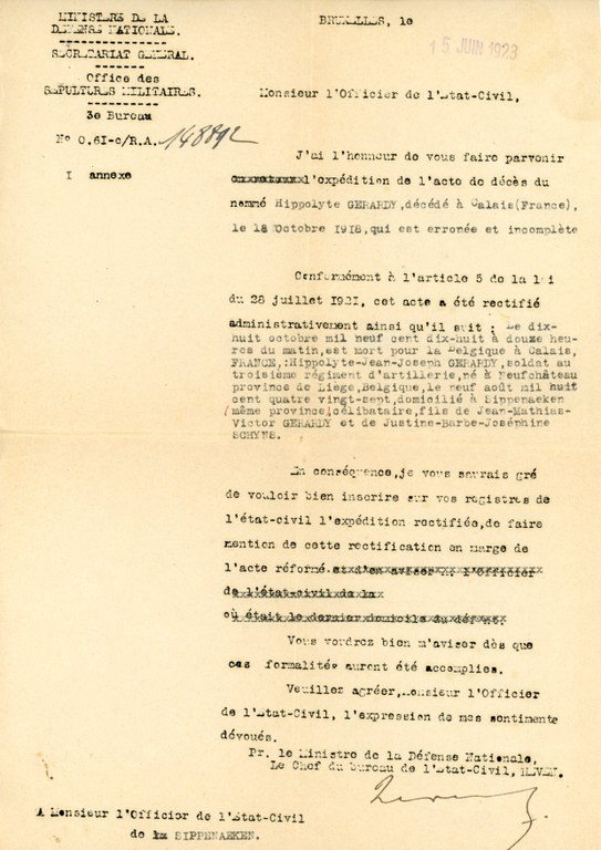 Acte de décès de Gérardy Hippolyte Jean Joseph