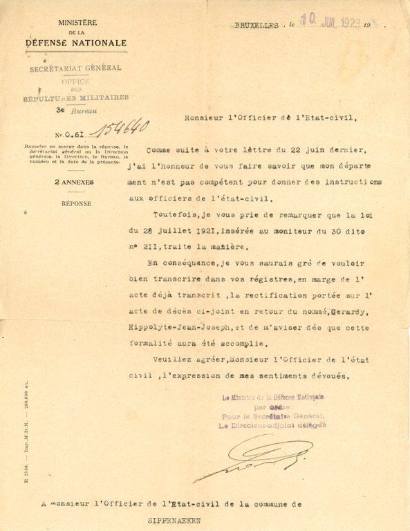 Guerre 14-18 Acte de décès de Gérardy Hippolyte Jean Joseph Rectificatif 1923 - Isabelle Gérardy003.jpg