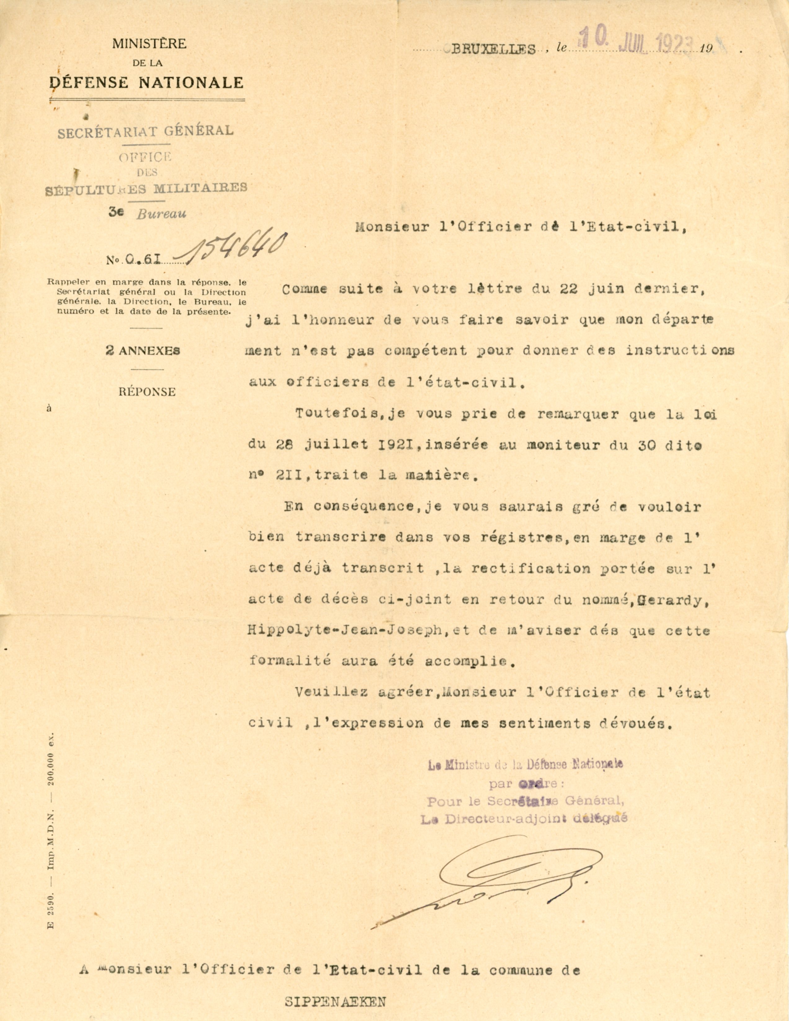 Guerre 14-18 Acte de décès de Gérardy Hippolyte Jean Joseph Rectificatif 1923 - Isabelle Gérardy003.jpg