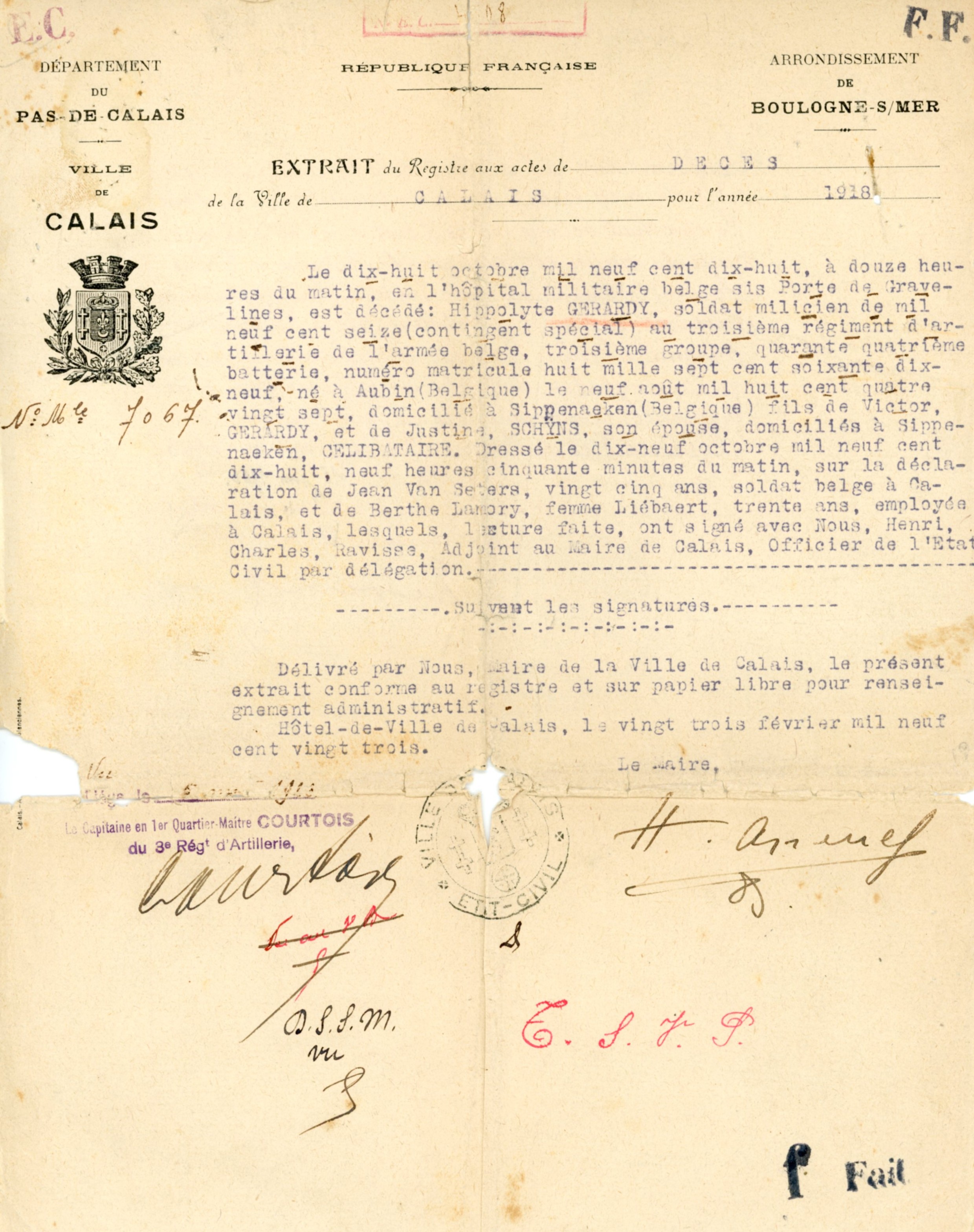 Guerre 14-18 Acte de décès de Gérardy Hippolyte Jean Joseph1918 - Isabelle Gérardy001a.jpg