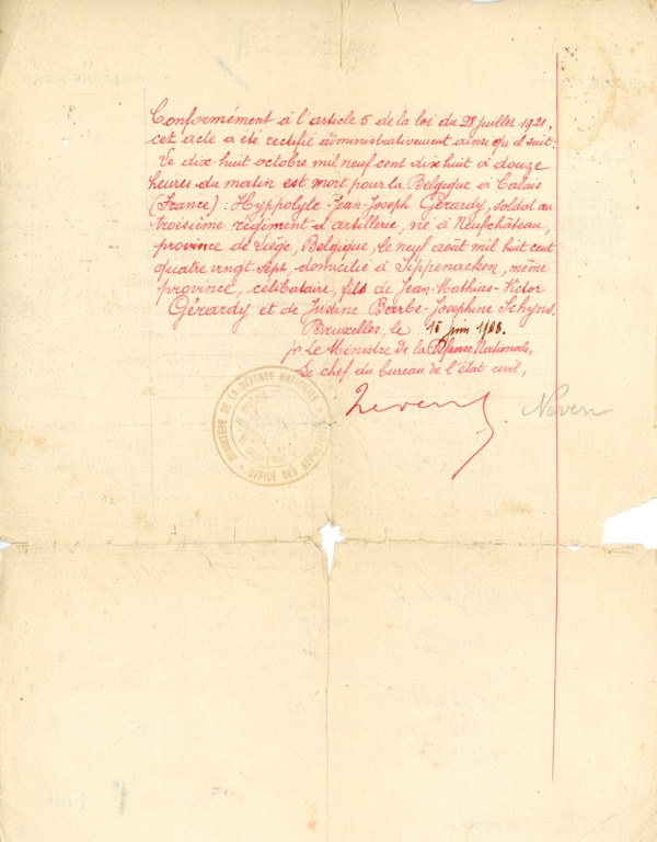 Guerre 14-18 Acte de décès de Gérardy Hippolyte Jean Joseph1918 - Isabelle Gérardy001b.jpg