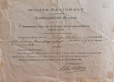 Milice nationale - Levée de 1919
