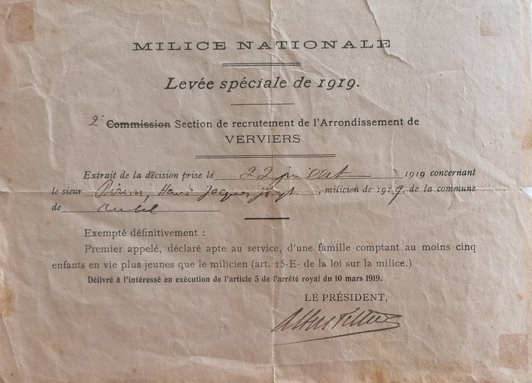 Milice nationale - Levée de 1919