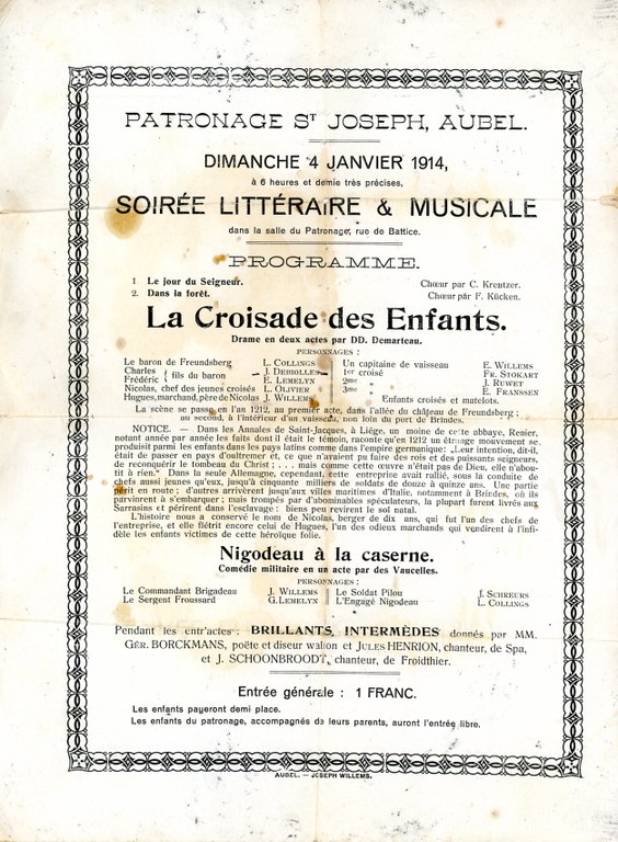 Affiche pour une soirée littéraire et musicale datant du 04 janvier 1914.