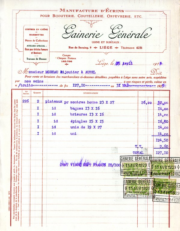 Vie quotidienne Facture bijouterie Moreau 1929 - Christian Haccour001.bmp